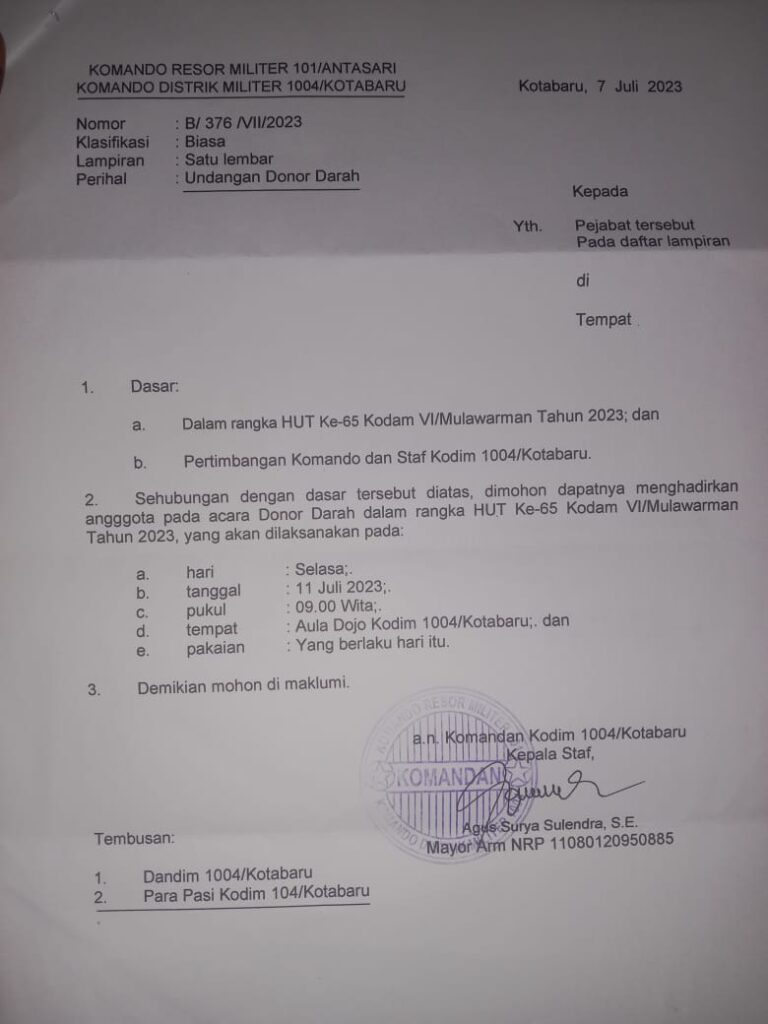 Donor Darah Dalam Rangka HUT ke-65 Kodam VI/Wulawarman Tahun 2023